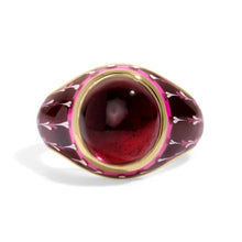 Load image into Gallery viewer, A gold ring with a pink tourmaline cabochon bezel set gemstone and pink enamel details on the ring shank as seen on Meryl Streep in The Devil Wears Prada Two.
