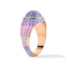 Load image into Gallery viewer, A 14K rose gold ring with a bezel set lavender moon cabochon gemstone and an enamel tie-dye purple, pink, and blue ring shank. a mood ring.