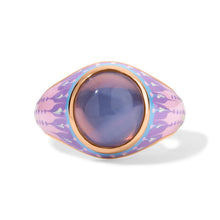 Load image into Gallery viewer, A 14K rose gold ring with a bezel set lavender moon quartz cabochon gemstone and an enamel tie-dye purple, pink, and blue ring shank. a mood ring.